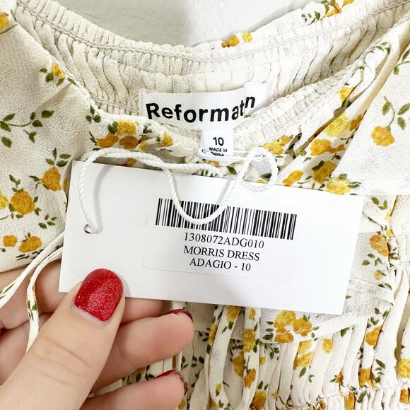 Reformation Morris Floral Mini Dress is Adagio Cream Gold Ruffle 10 NEW - Picture 4 of 7
